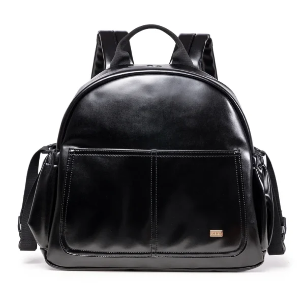 Vue de face du sac à dos à couches en cuir noir Sakino